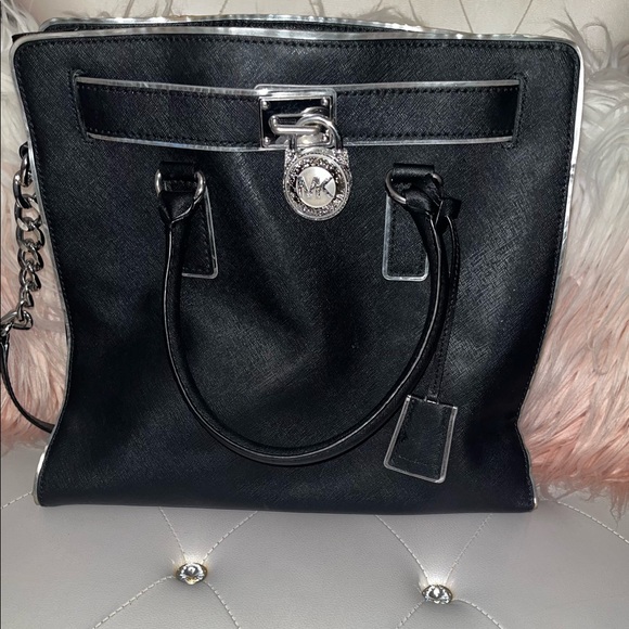 Michael Kors Hamilton Specchio Leather Black Silver Trim Handbag Tote - Picture 5 of 13